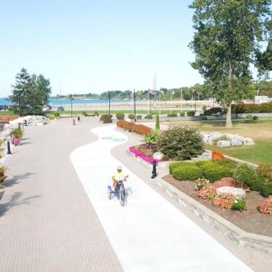 View of Leamington waterfront promenade with people walking